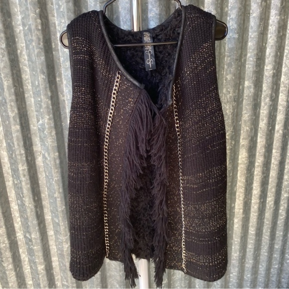 Chunky Black Gold Knit Shag Vest Size Medium
